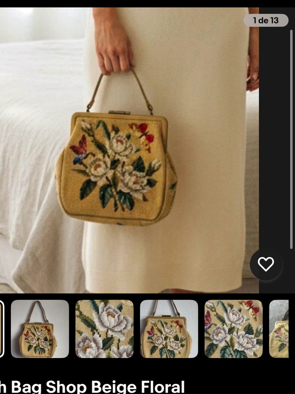 Vintage Bag Beige Floral Miami Beach Needlepoint Top-Handle Satchel